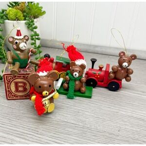 Vintage Wooden Christmas Ornaments, Teddy Bear & Train Ornaments Set of 6